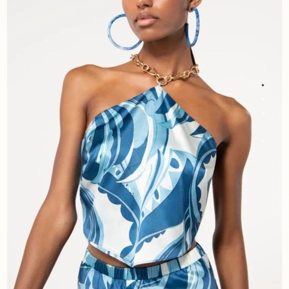 NWT Cult Gaia Olivine Backless Gold Chain Detail Halter Crop Top Paisley Blue S - Picture 1 of 10